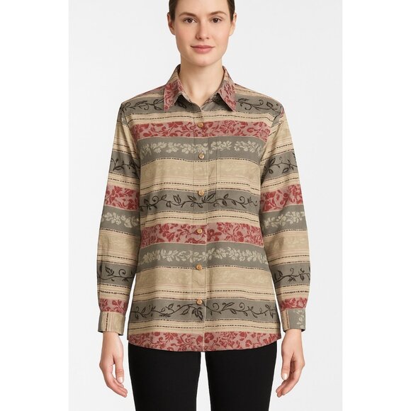 Alfred Dunner Petite 10P Button Front Long Sleeve Shirt Striped Floral Pattern V - Picture 8 of 8